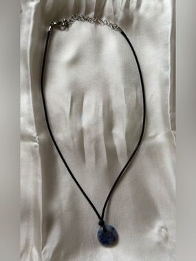 Handmade Blue Circle Pendant Necklace on Black Cord